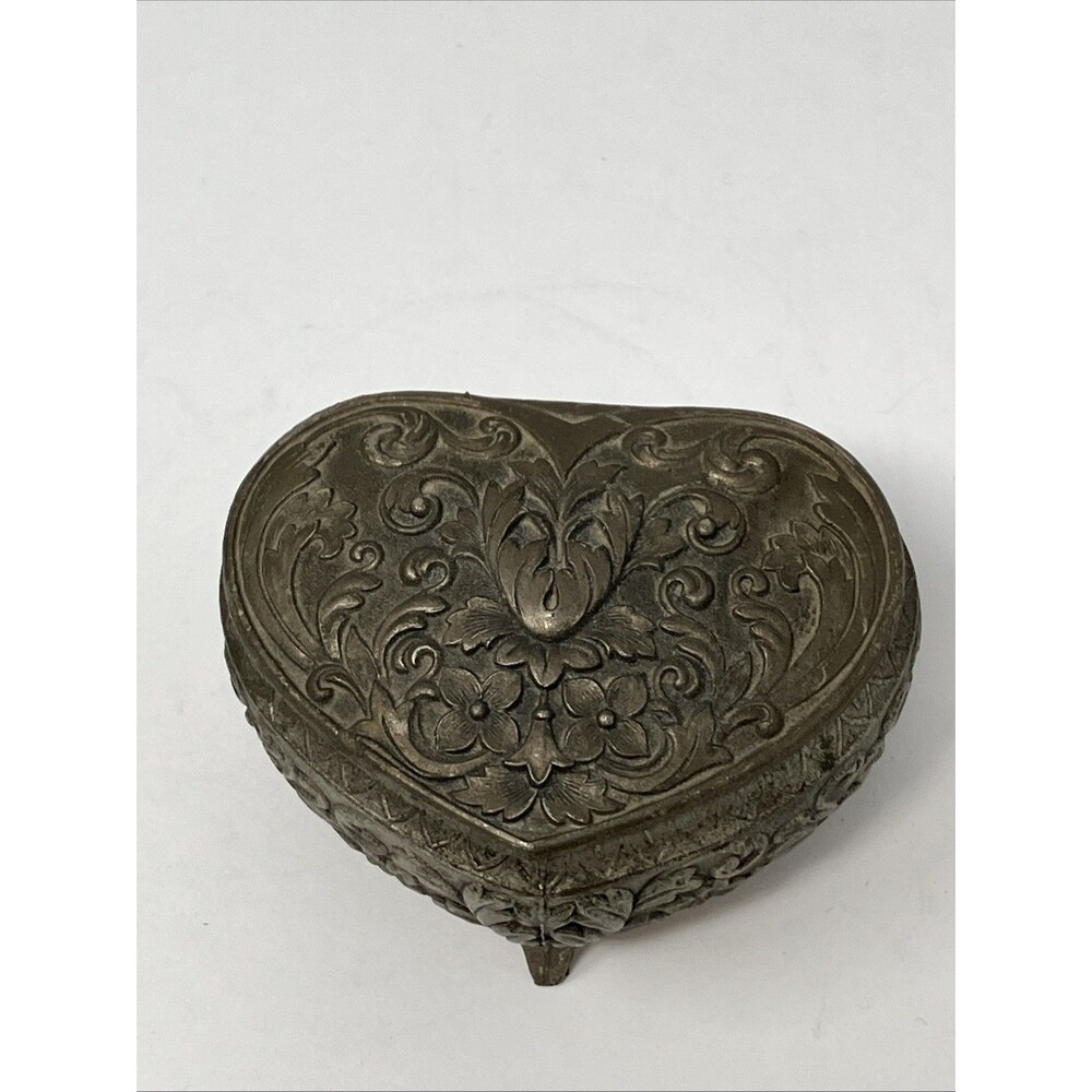 Vintage Japan Heart Shaped Trinket Box Silver Tone Red Felt Lined Footed